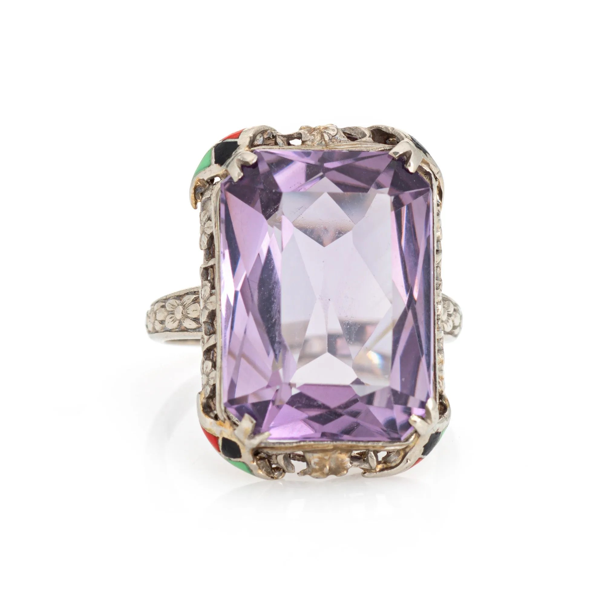 Vintage Art Deco Amethyst Ring Enamel Cocktail 14k Gold Filigree Jewelry Sz 7