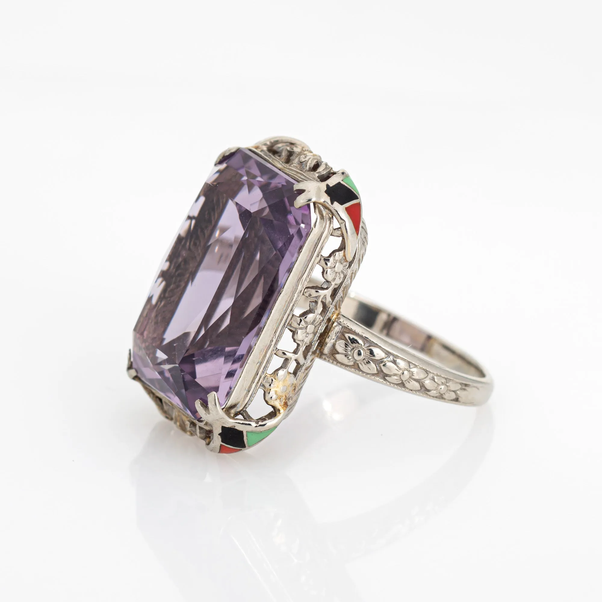 Vintage Art Deco Amethyst Ring Enamel Cocktail 14k Gold Filigree Jewelry Sz 7