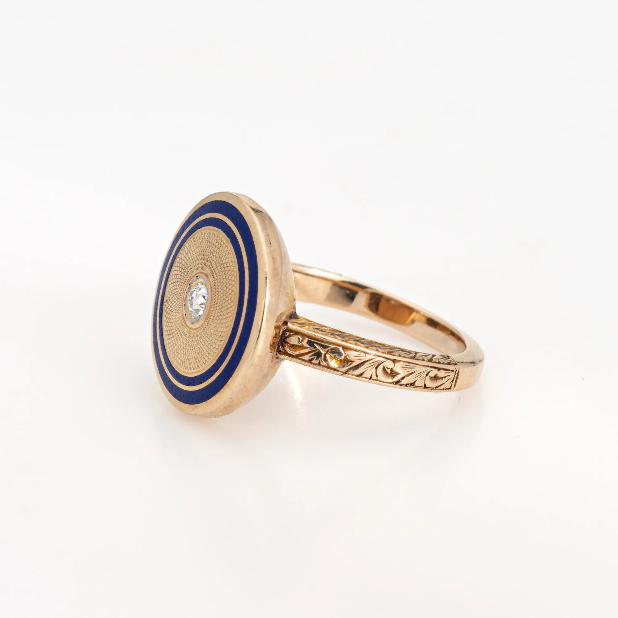 Vintage Art Deco Diamond Enamel Ring Circle 14k Yellow Gold Sz 5.5 Fine Jewelry