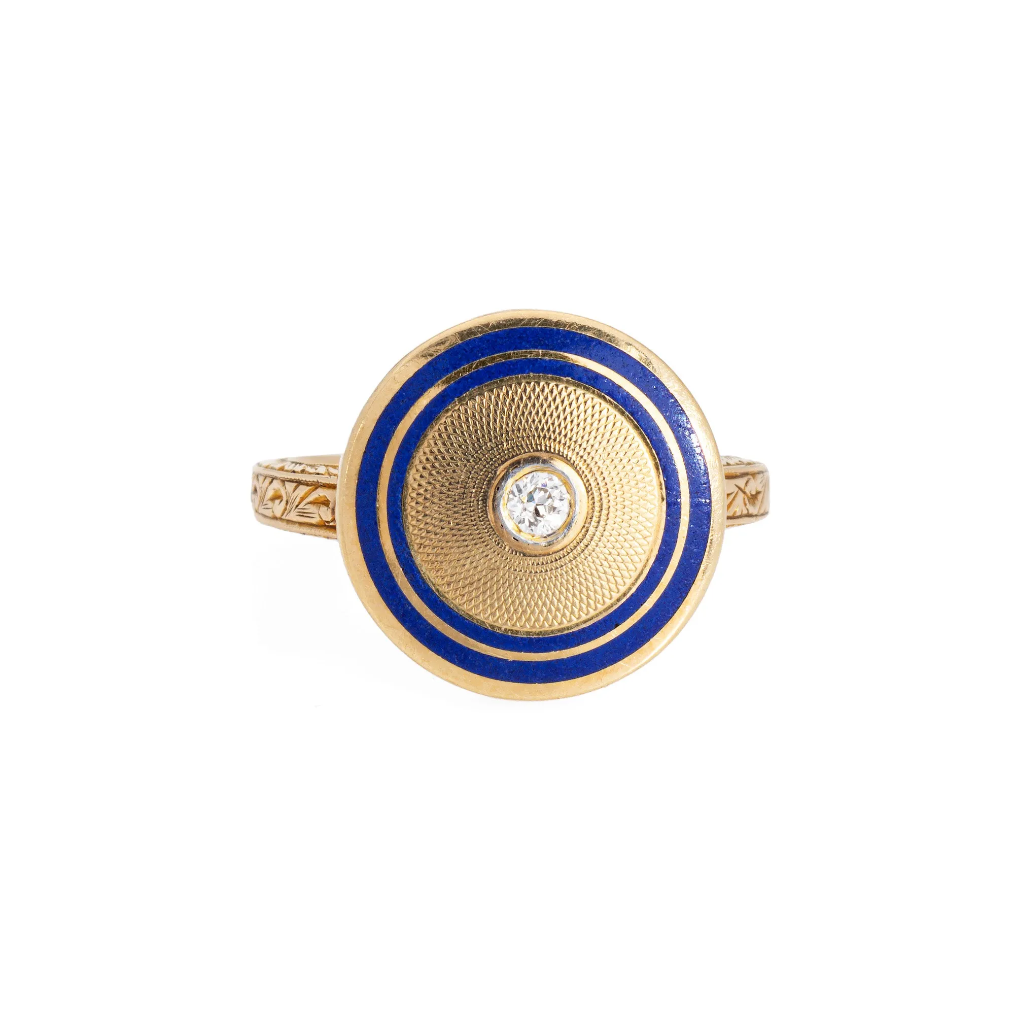 Vintage Art Deco Diamond Enamel Ring Circle 14k Yellow Gold Sz 5.5 Fine Jewelry