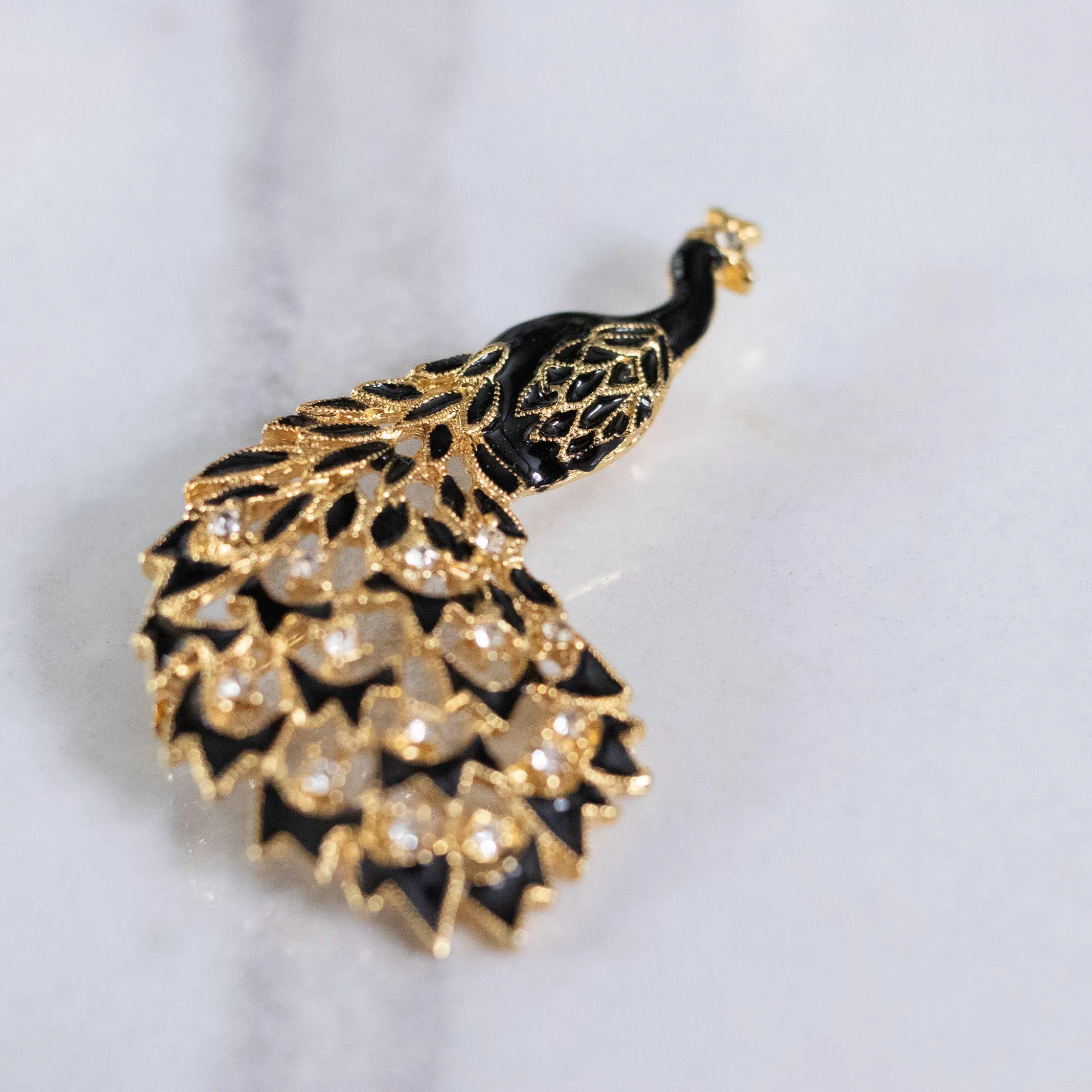 Vintage Black and Gold Peacock Brooch