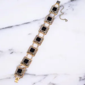 Vintage Black Enamel and Spanish Silver and Gold Damascene Square Link Bracelet