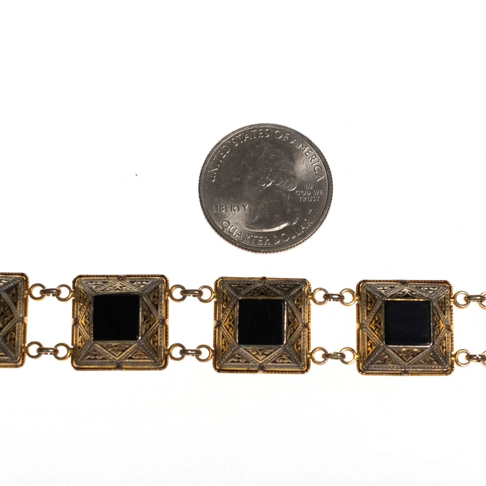 Vintage Black Enamel and Spanish Silver and Gold Damascene Square Link Bracelet