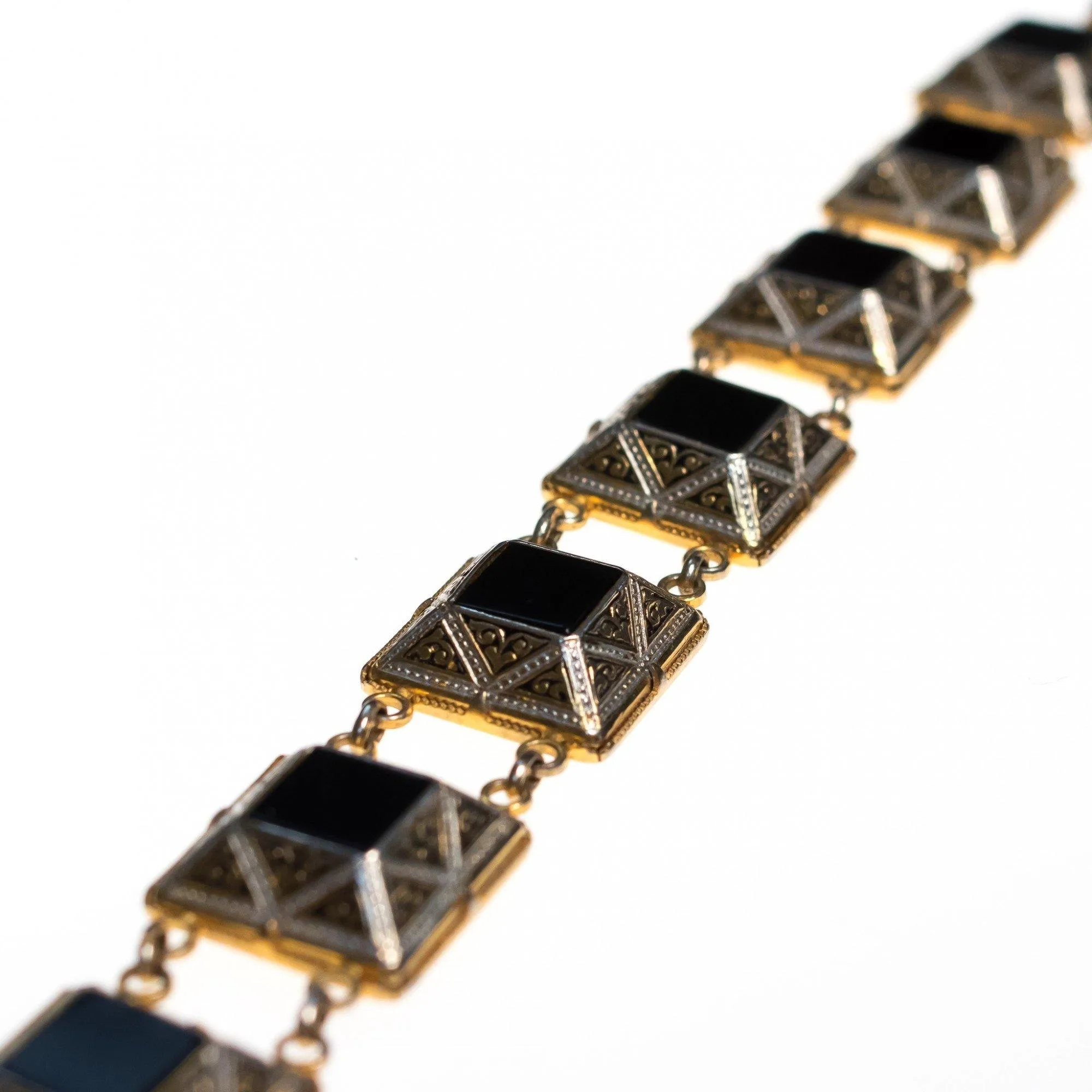 Vintage Black Enamel and Spanish Silver and Gold Damascene Square Link Bracelet