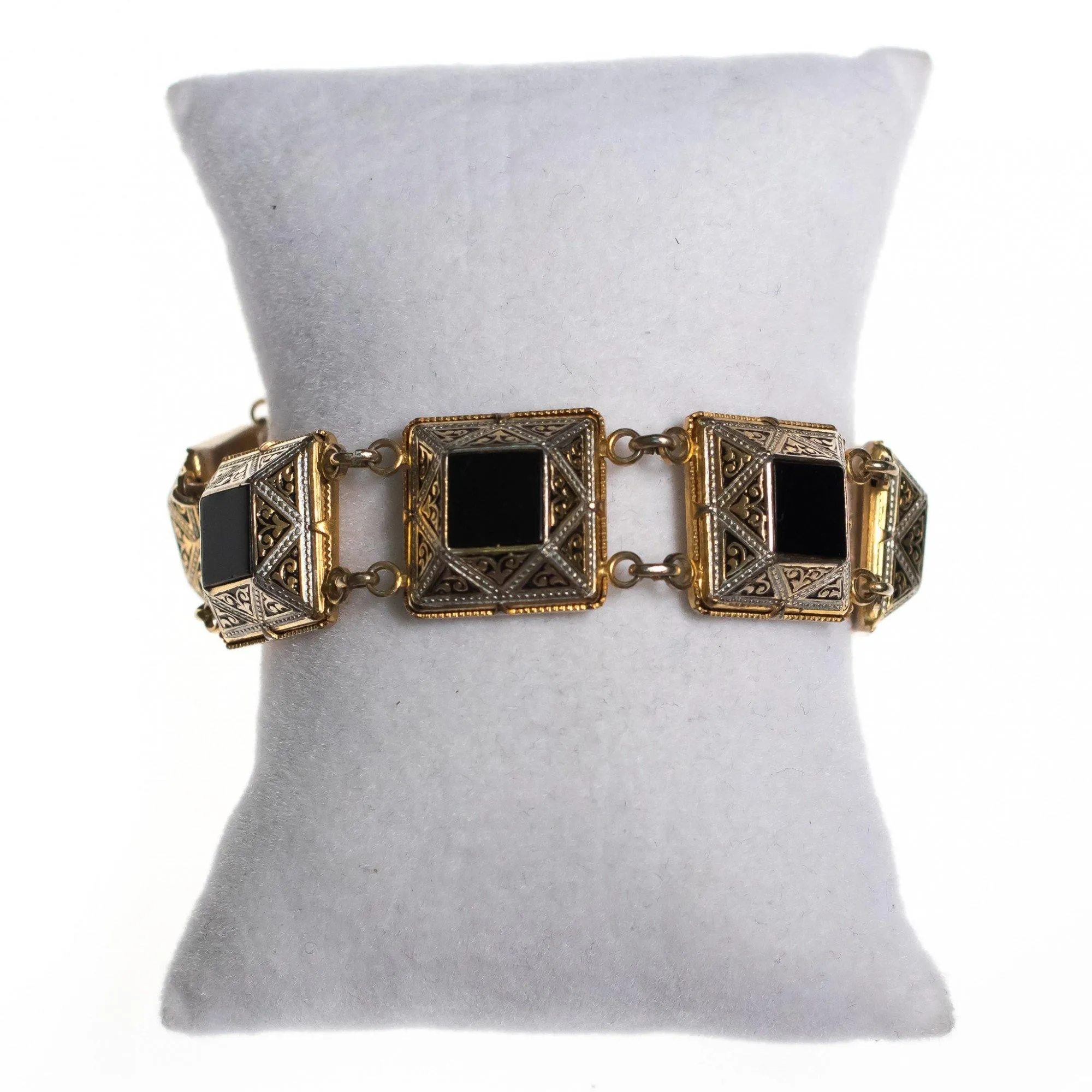 Vintage Black Enamel and Spanish Silver and Gold Damascene Square Link Bracelet