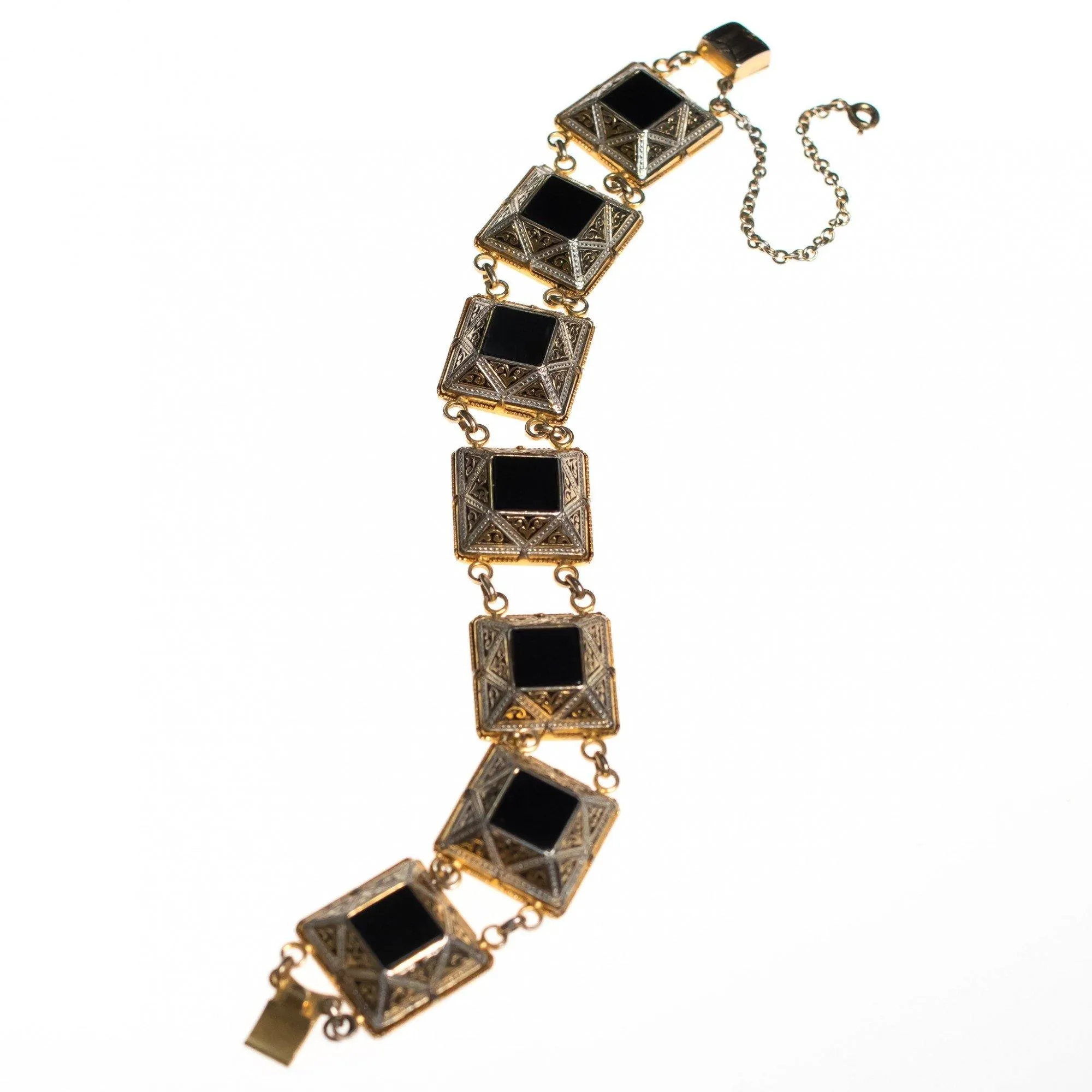 Vintage Black Enamel and Spanish Silver and Gold Damascene Square Link Bracelet