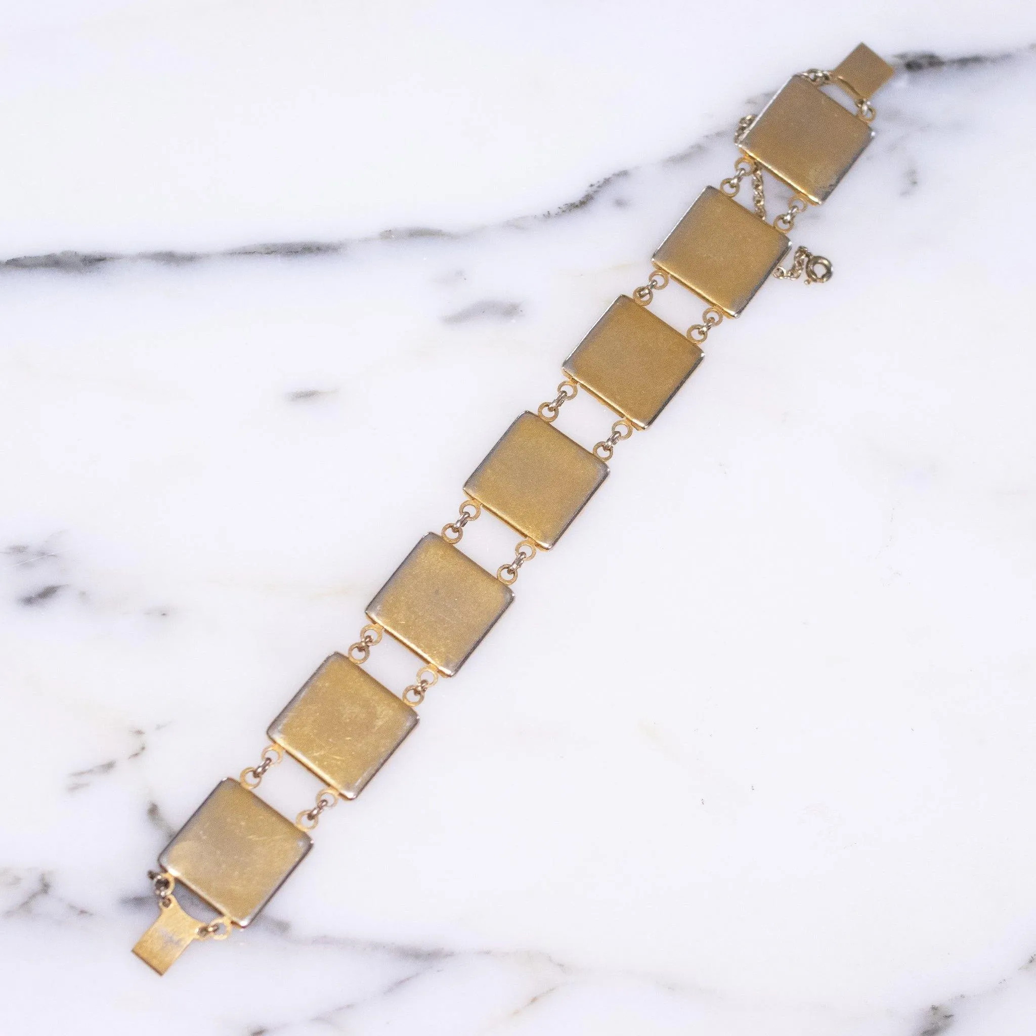 Vintage Black Enamel and Spanish Silver and Gold Damascene Square Link Bracelet