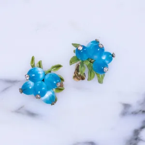 Vintage Blue Moonglow with Rhinestones and Green Leaves Cluster Bead Clip On Earrings