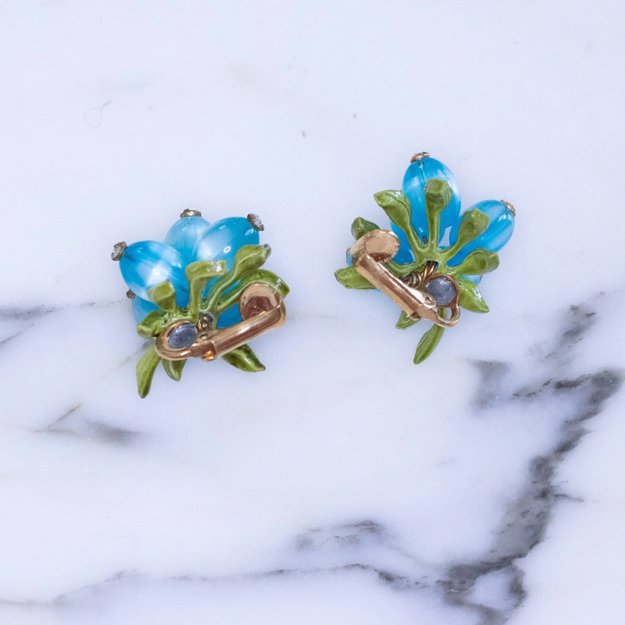 Vintage Blue Moonglow with Rhinestones and Green Leaves Cluster Bead Clip On Earrings