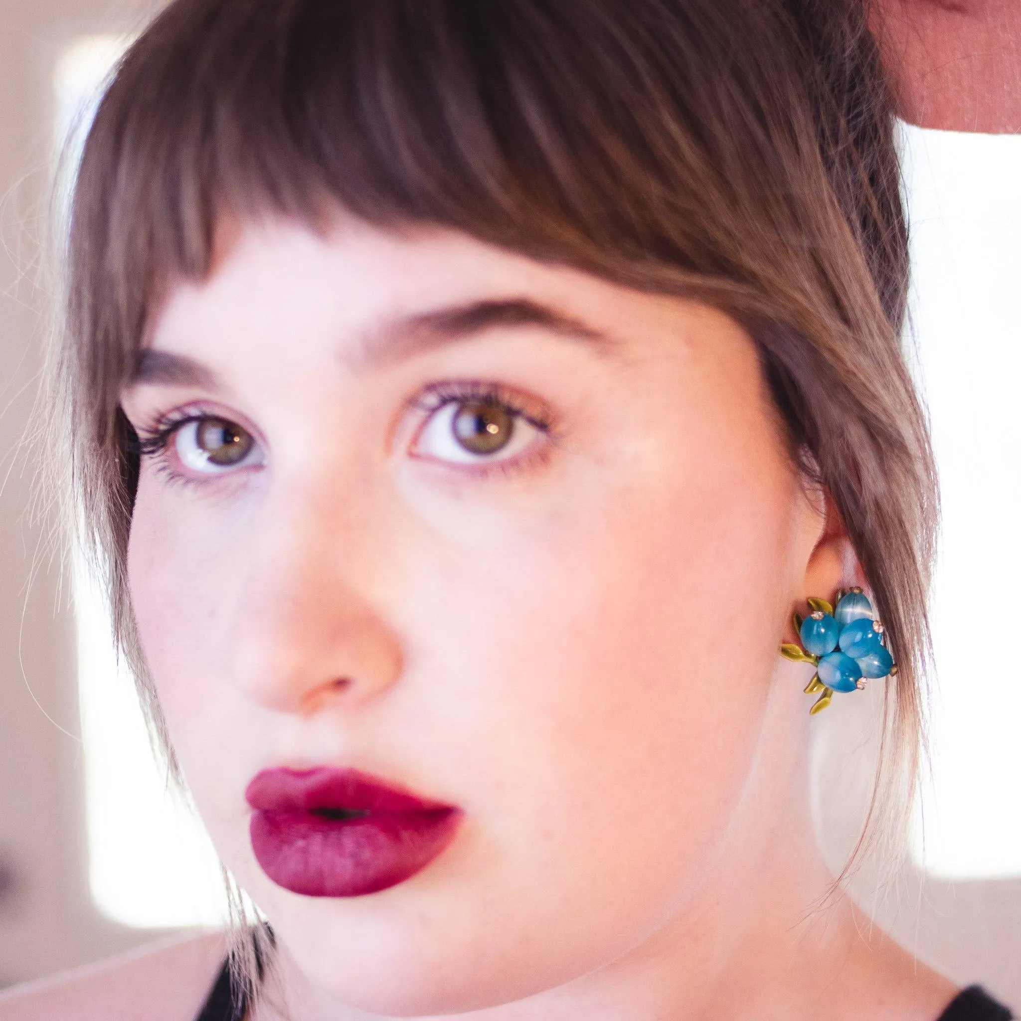 Vintage Blue Moonglow with Rhinestones and Green Leaves Cluster Bead Clip On Earrings