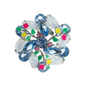Vintage Blue Rhinestone Brooch with Colorful Enamel Flower Accents Pressed Glass Rhinestone Leaves