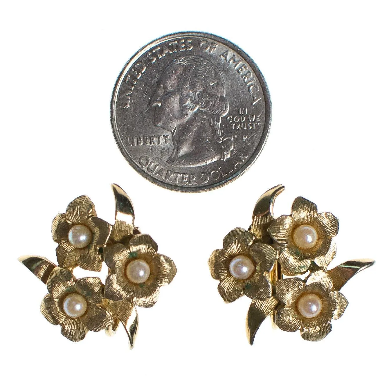 Vintage Boucher Gold Flower and Pearl Statement Earrings, Faux Pearls, Gold Tone Setting, Clip-on