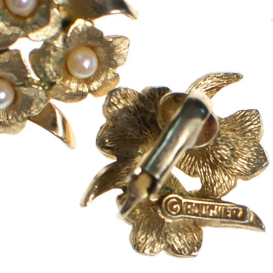 Vintage Boucher Gold Flower and Pearl Statement Earrings, Faux Pearls, Gold Tone Setting, Clip-on