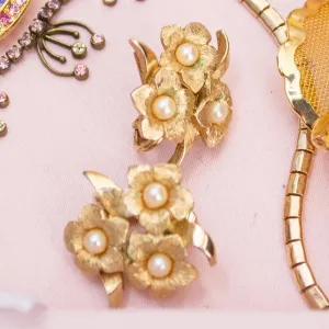 Vintage Boucher Gold Flower and Pearl Statement Earrings, Faux Pearls, Gold Tone Setting, Clip-on
