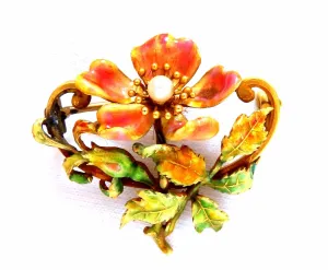 Vintage Enamel Flower Pin Seed Pearl 18kt