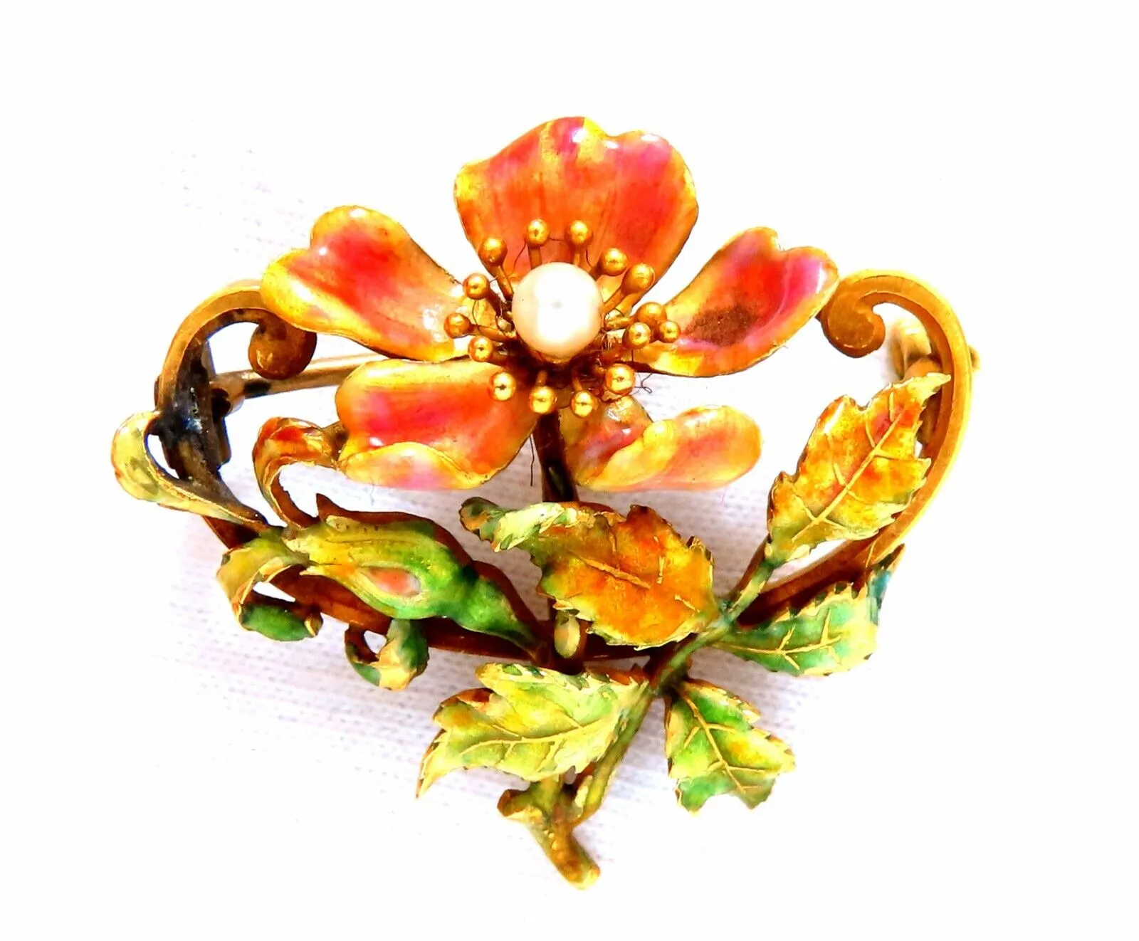 Vintage Enamel Flower Pin Seed Pearl 18kt