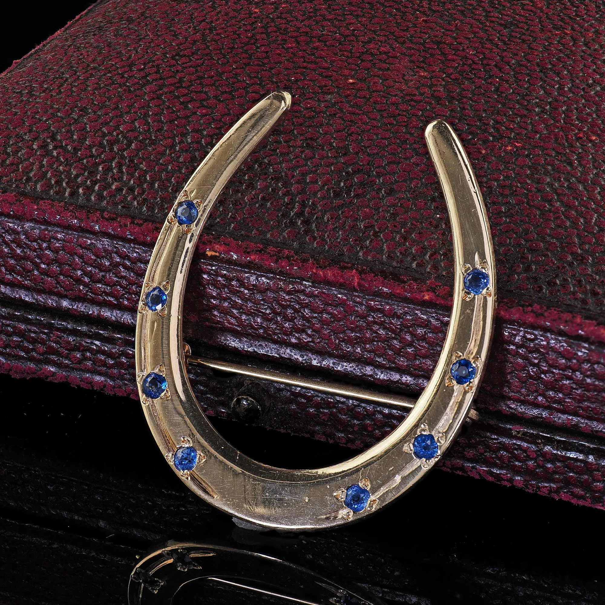 Vintage Estate 14K Yellow Gold Natural Sapphire Horseshoe Pin Brooch