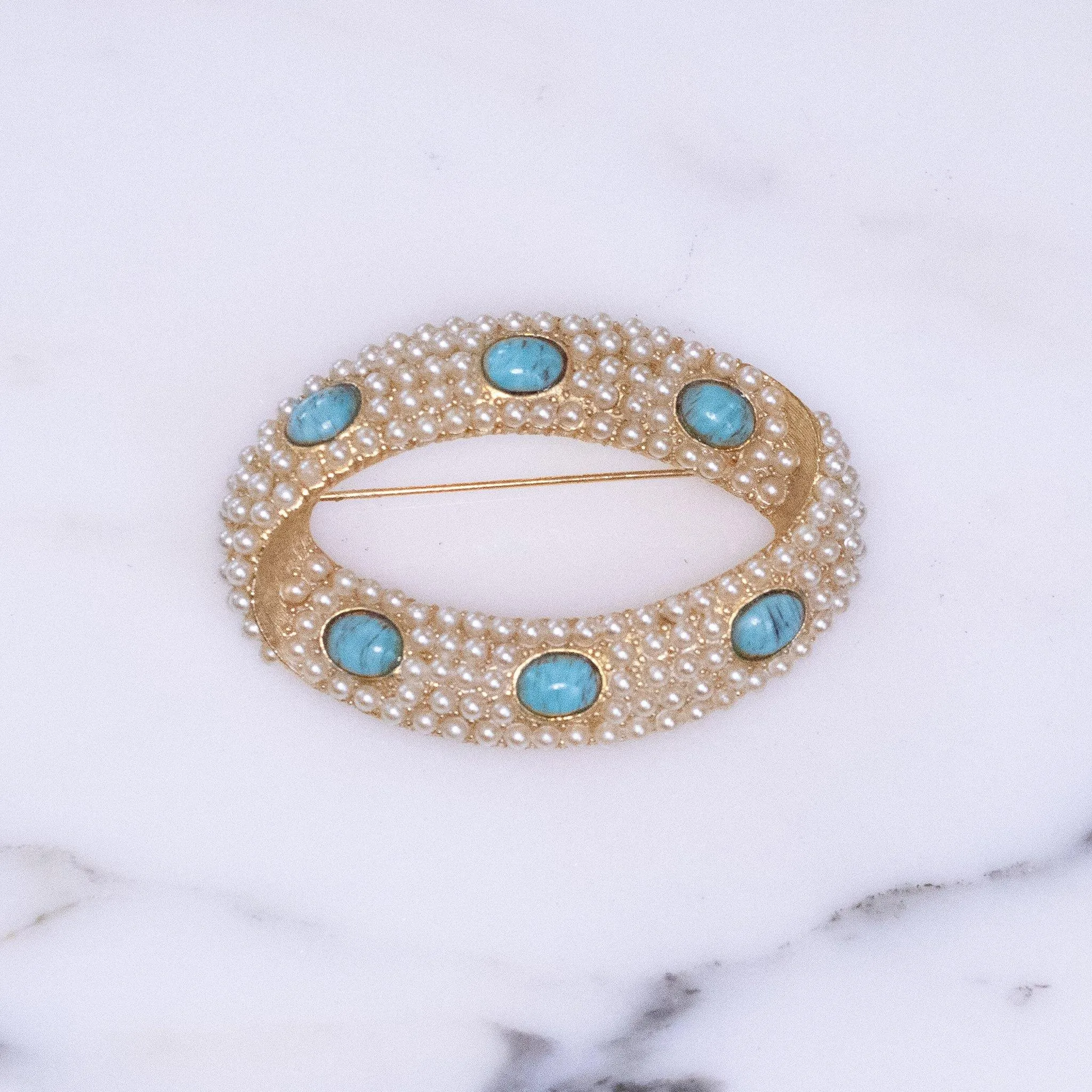 Vintage Faux Pearl and Turquoise Brooch