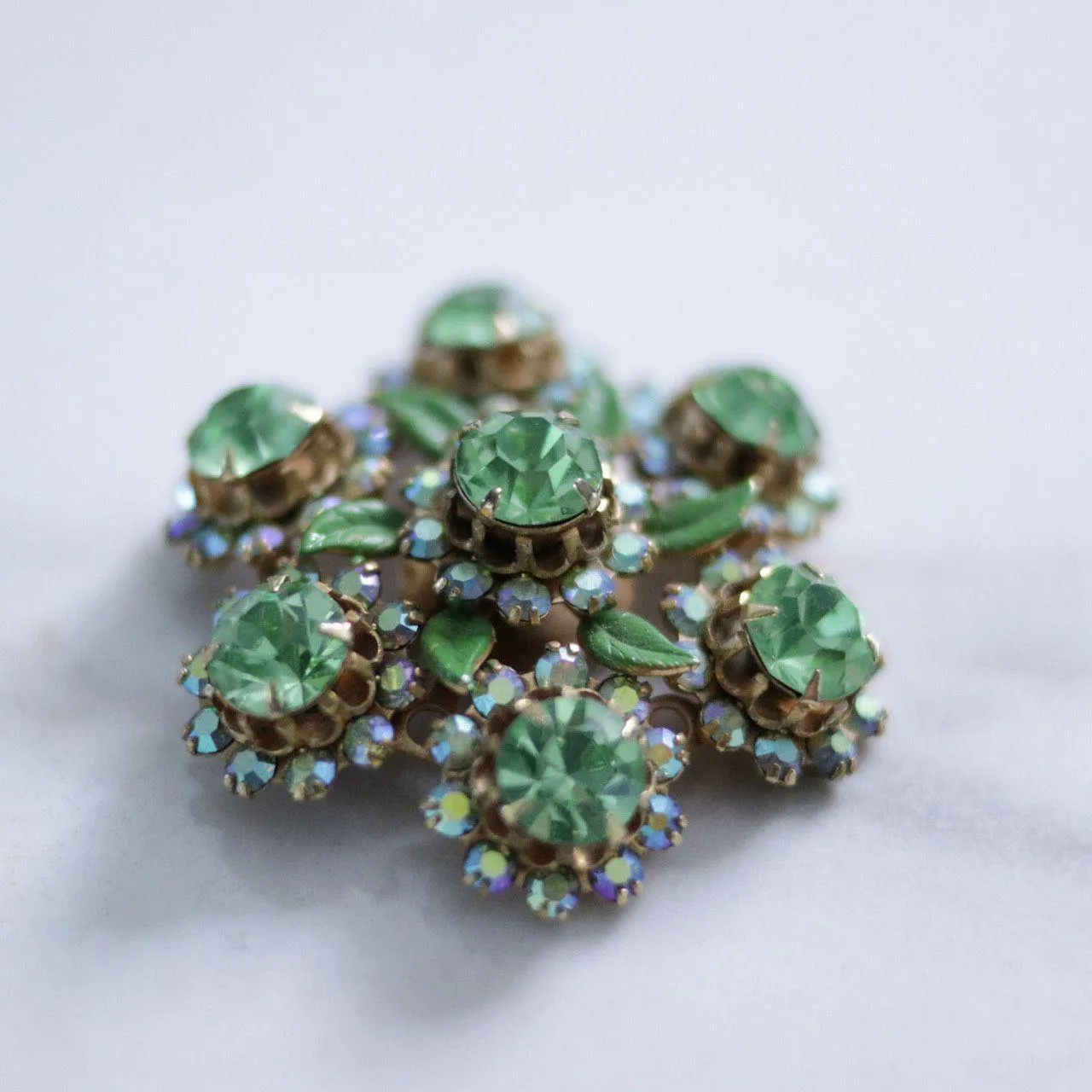 Vintage Green and Aurora Borealis Rhinestone Brooch