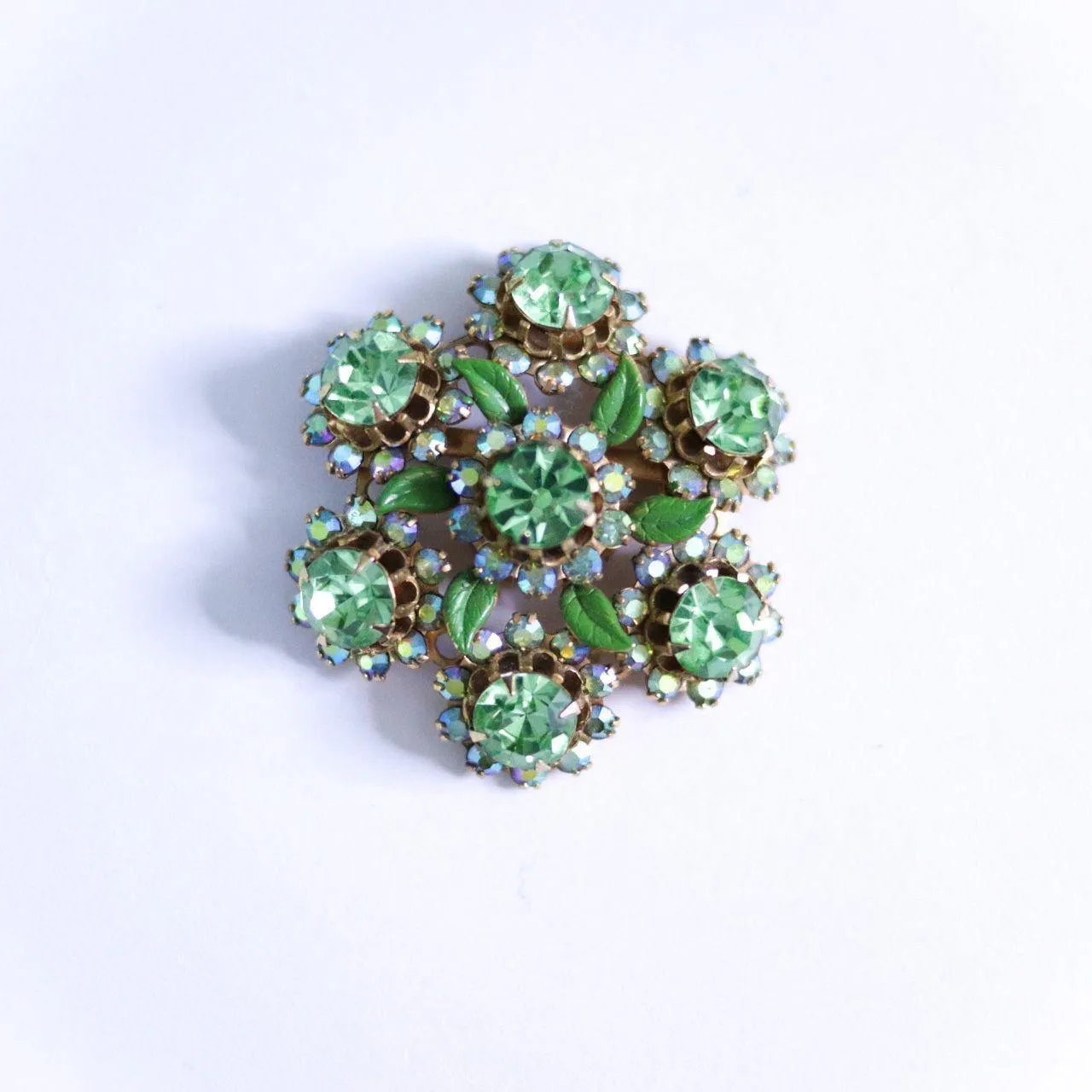 Vintage Green and Aurora Borealis Rhinestone Brooch