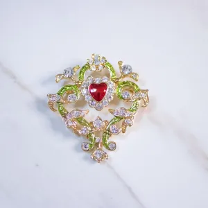 Vintage Green and Gold Crest Brooch with Heart
