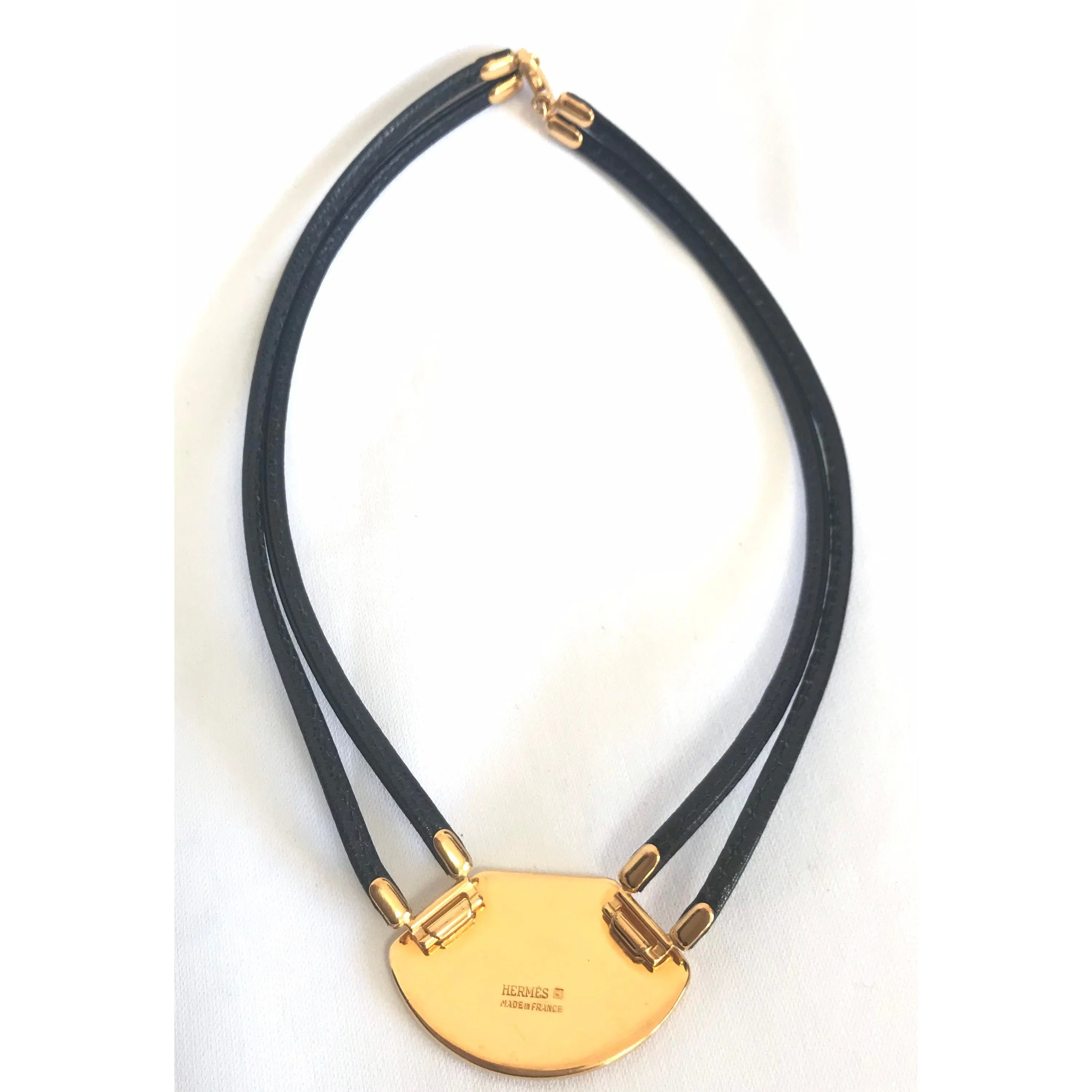 Vintage Hermes black necklace with bird and flag printed enamel pendant top. Ceramic jewelry piece. 060531r2