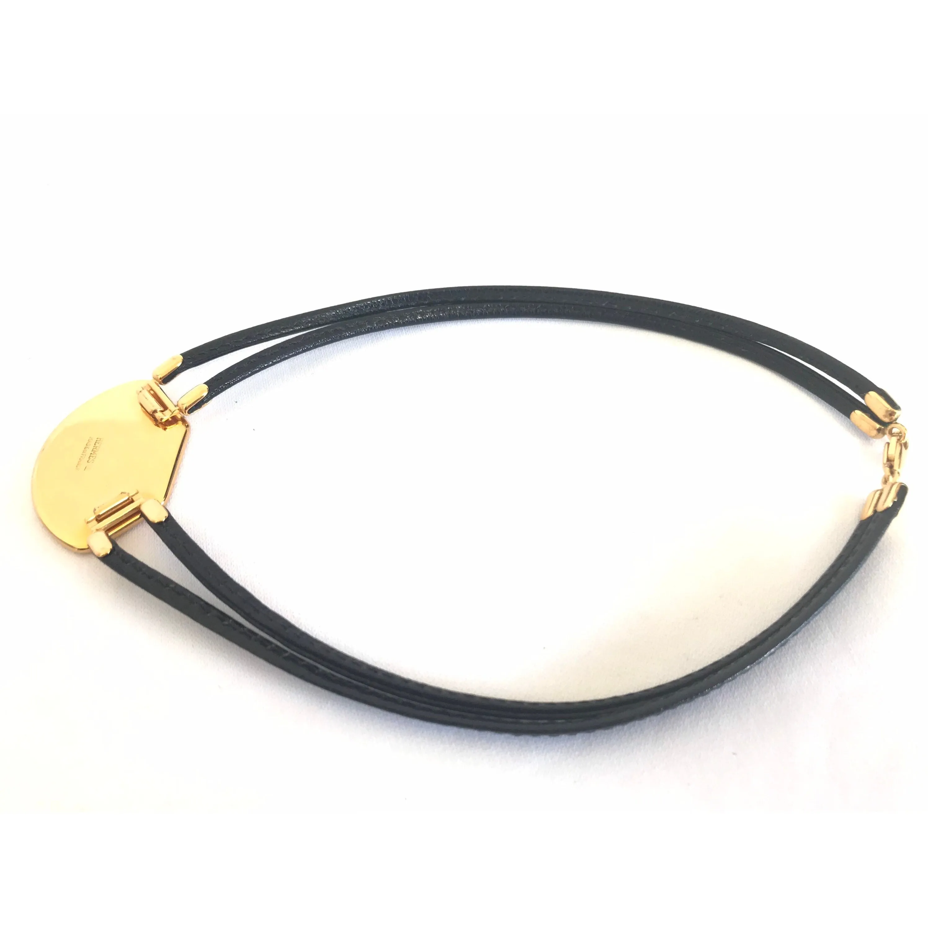 Vintage Hermes black necklace with bird and flag printed enamel pendant top. Ceramic jewelry piece. 060531r2