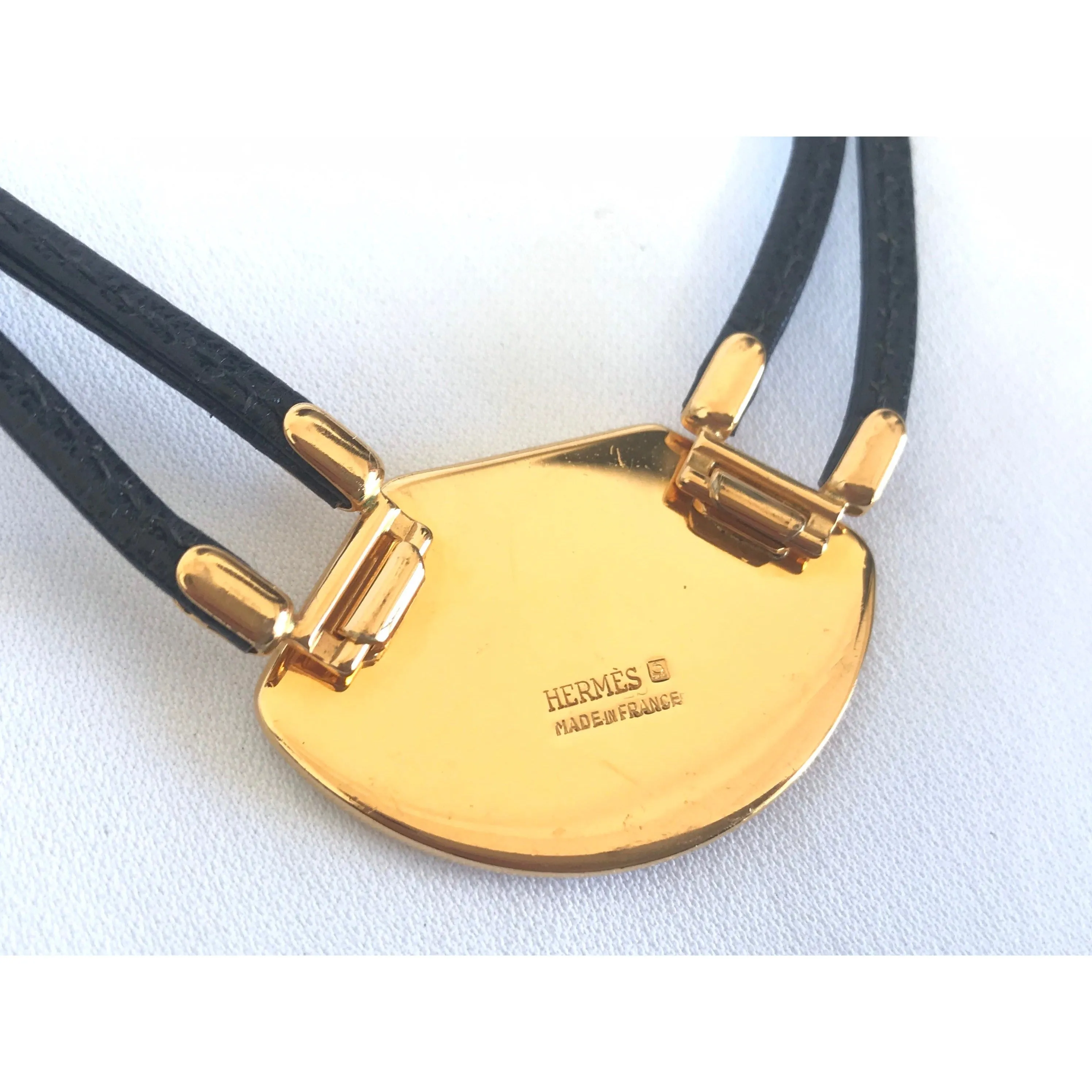 Vintage Hermes black necklace with bird and flag printed enamel pendant top. Ceramic jewelry piece. 060531r2