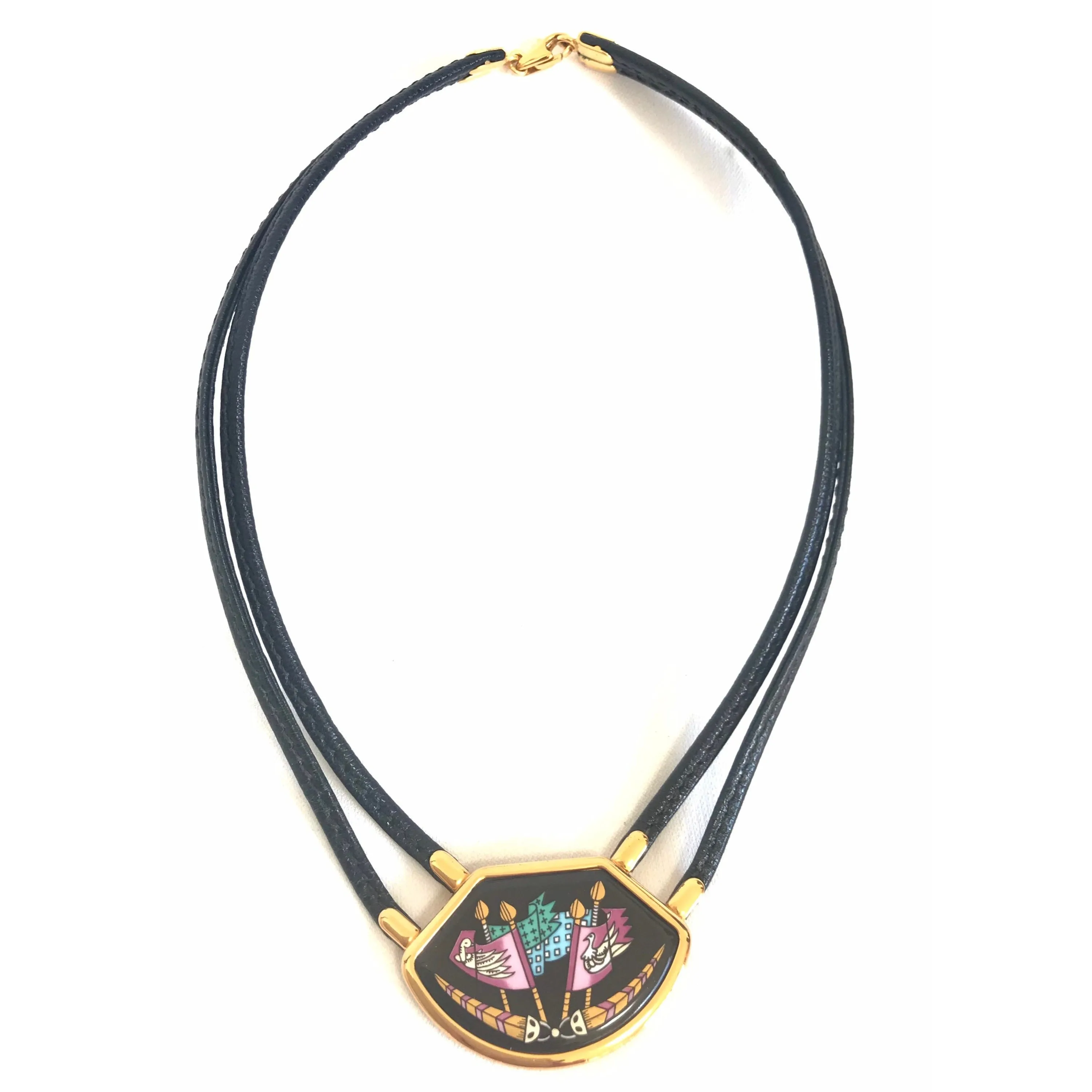 Vintage Hermes black necklace with bird and flag printed enamel pendant top. Ceramic jewelry piece. 060531r2