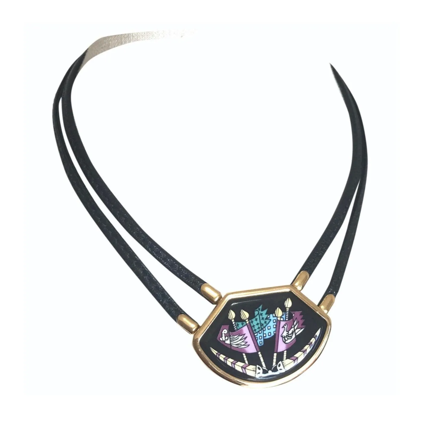 Vintage Hermes black necklace with bird and flag printed enamel pendant top. Ceramic jewelry piece. 060531r2