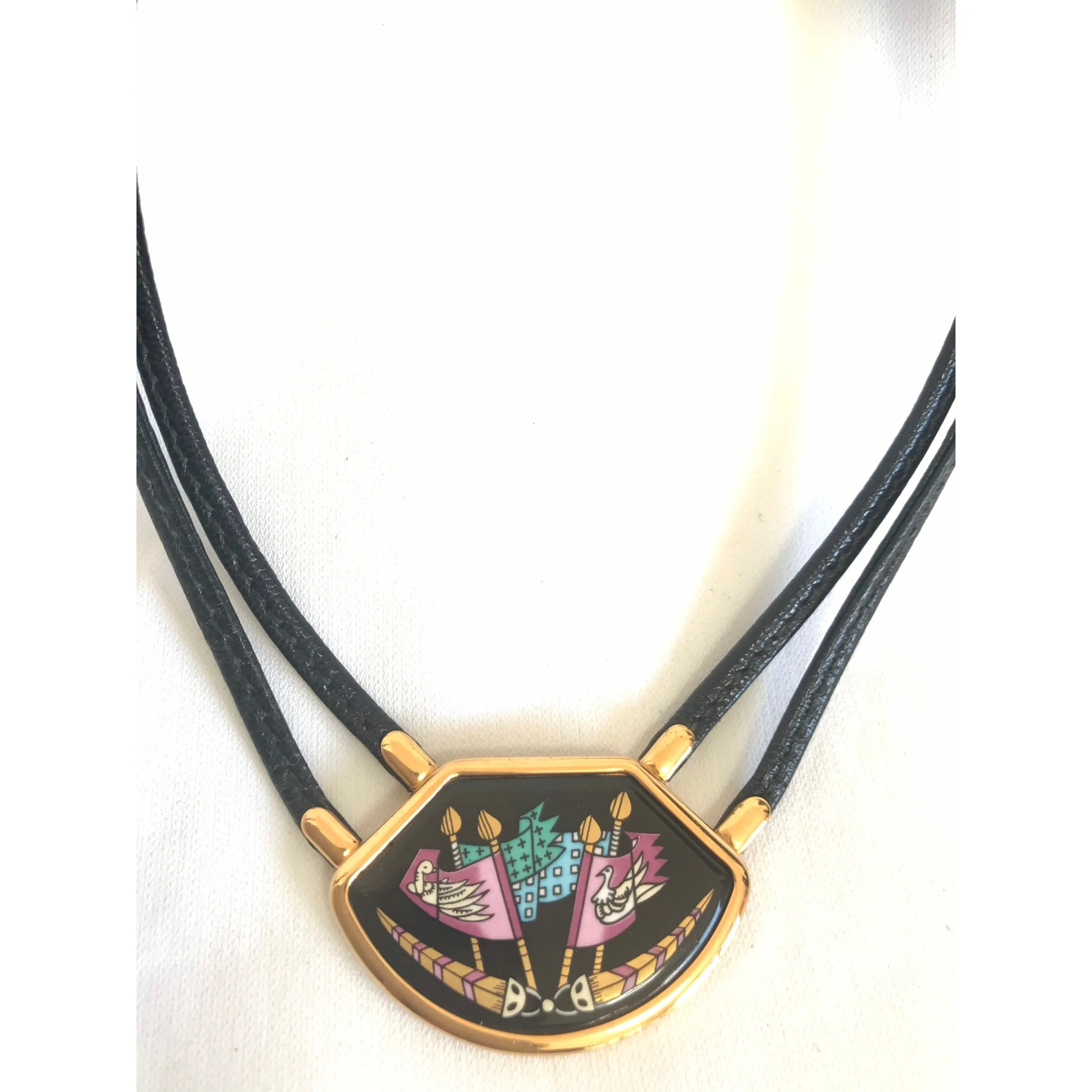 Vintage Hermes black necklace with bird and flag printed enamel pendant top. Ceramic jewelry piece. 060531r2