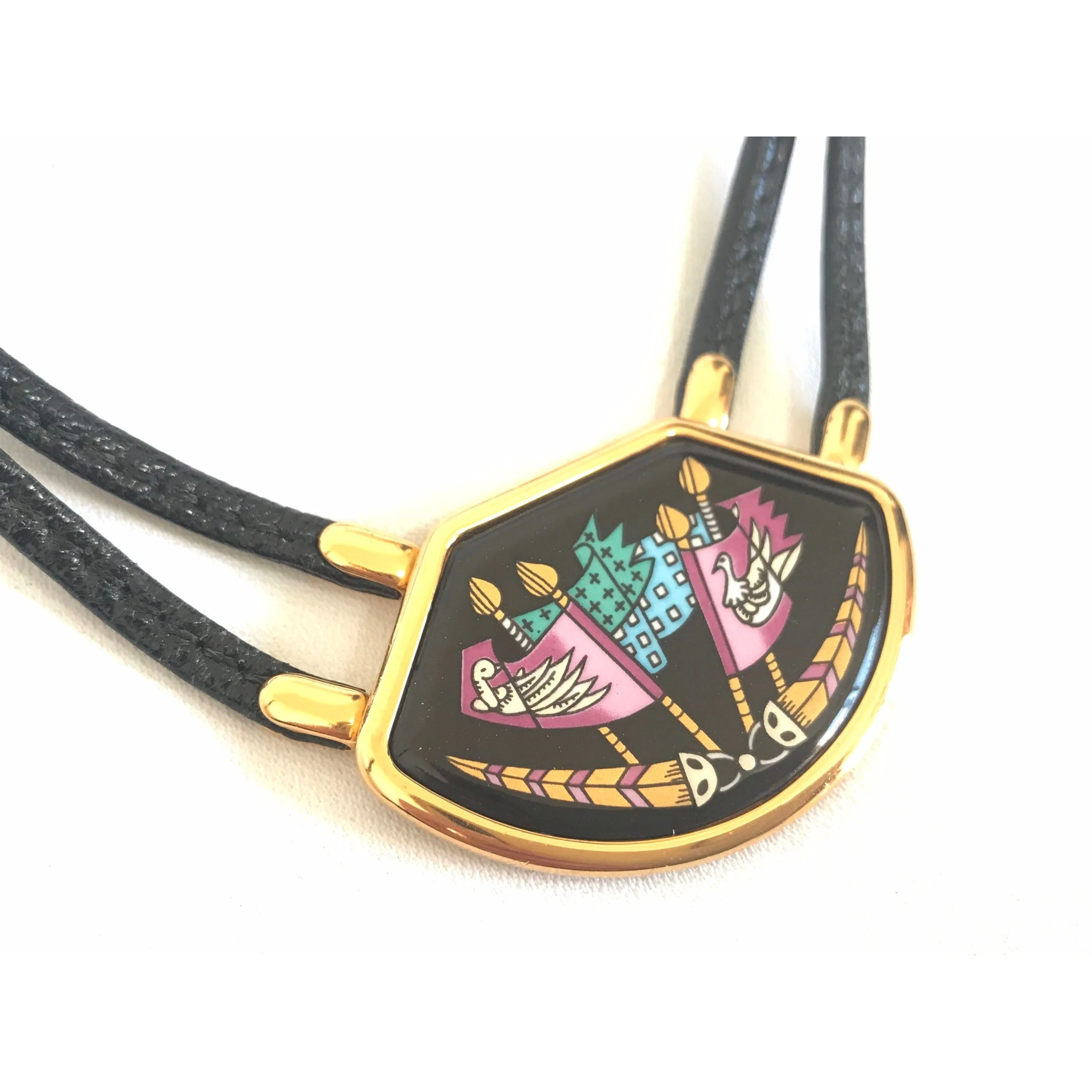 Vintage Hermes black necklace with bird and flag printed enamel pendant top. Ceramic jewelry piece. 060531r2