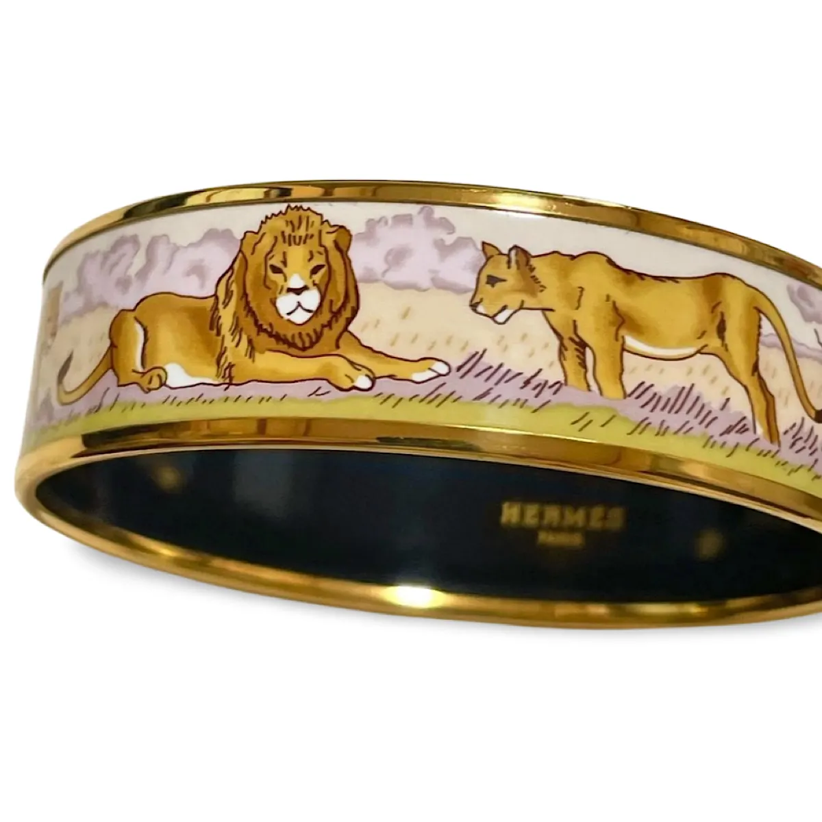 Vintage Hermes cloisonne enamel golden bangle with lion couple design. Classic Hermes GM bracelet. 070225ac4