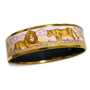 Vintage Hermes cloisonne enamel golden bangle with lion couple design. Classic Hermes GM bracelet. 070225ac4