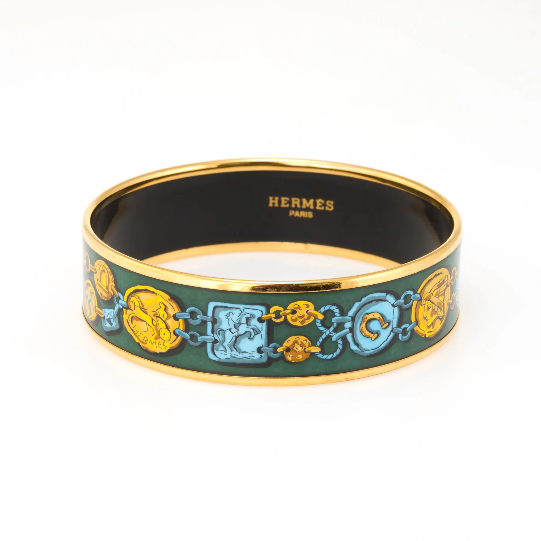 Vintage Hermes Enamel Bracelet PM Size 65 Yellow Gold Plate
