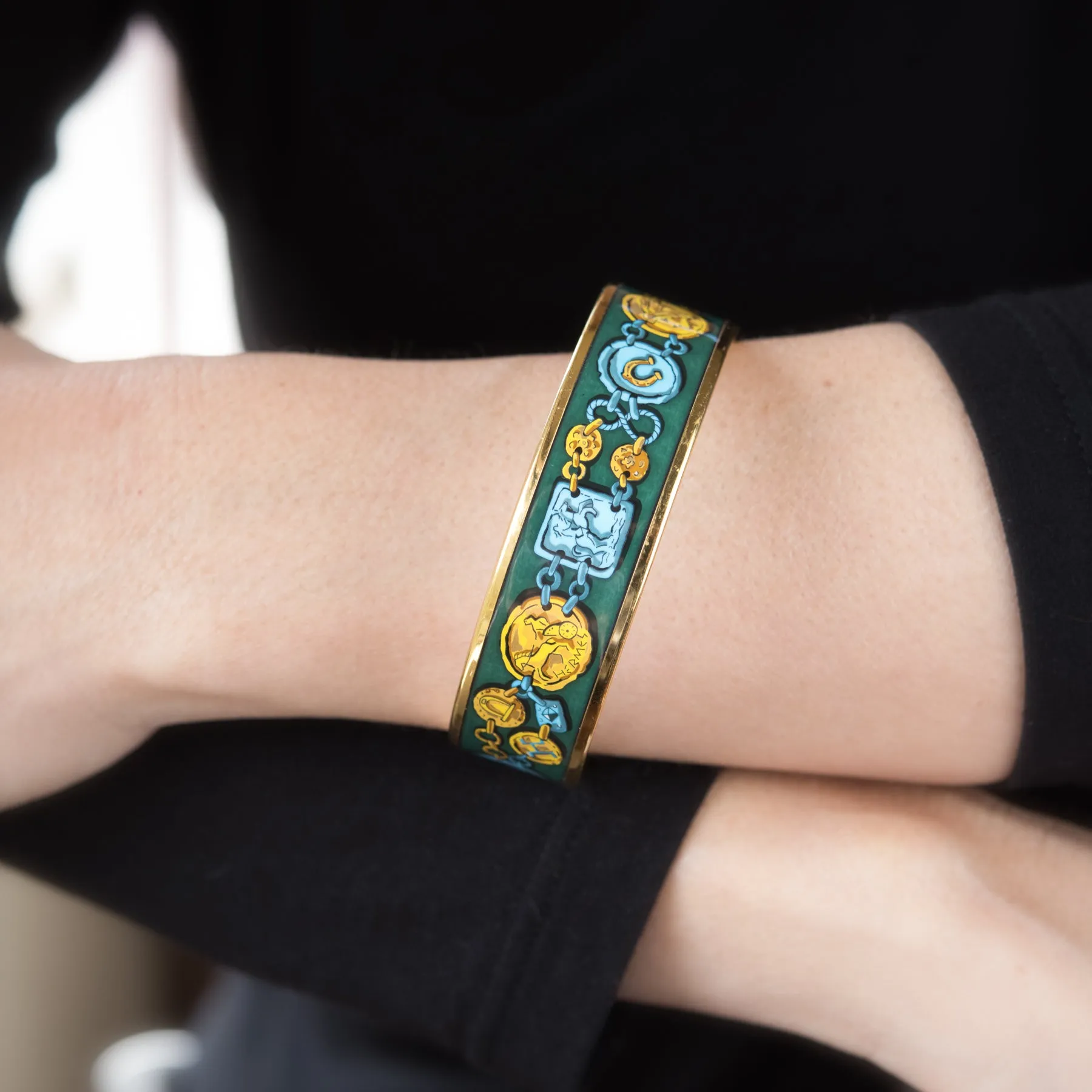 Vintage Hermes Enamel Bracelet PM Size 65 Yellow Gold Plate