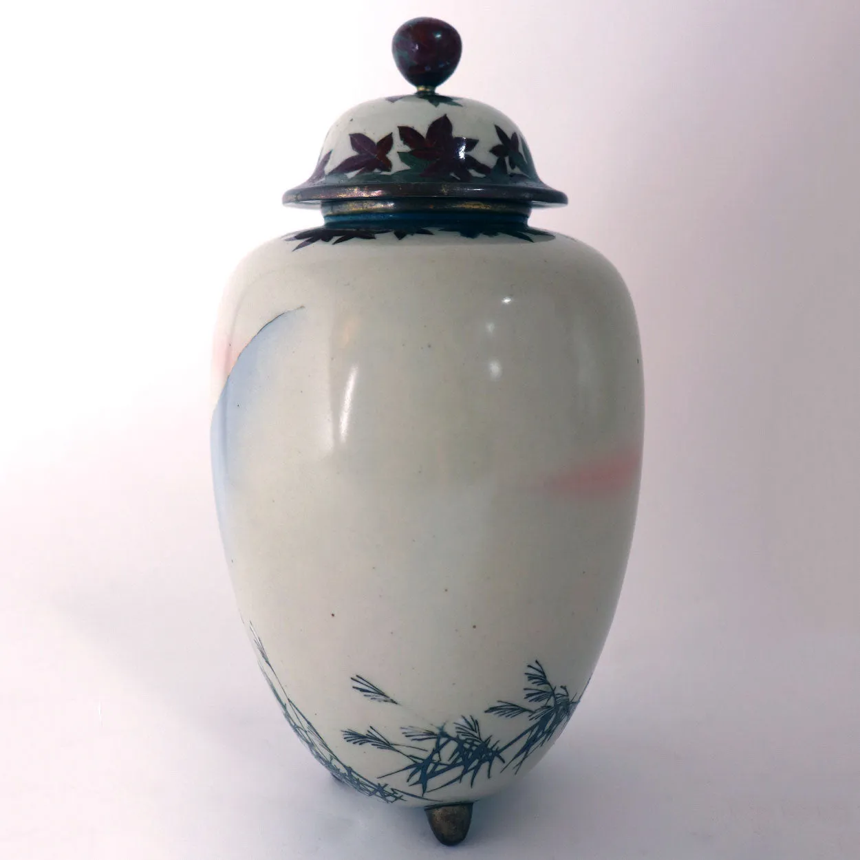 Vintage Japanese Cloisonne Enamel Deer Lidded Urn / Ginger Jar