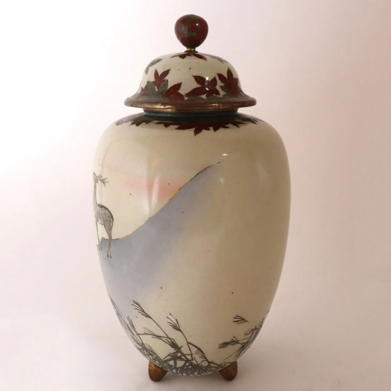 Vintage Japanese Cloisonne Enamel Deer Lidded Urn / Ginger Jar