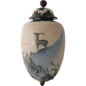 Vintage Japanese Cloisonne Enamel Deer Lidded Urn / Ginger Jar