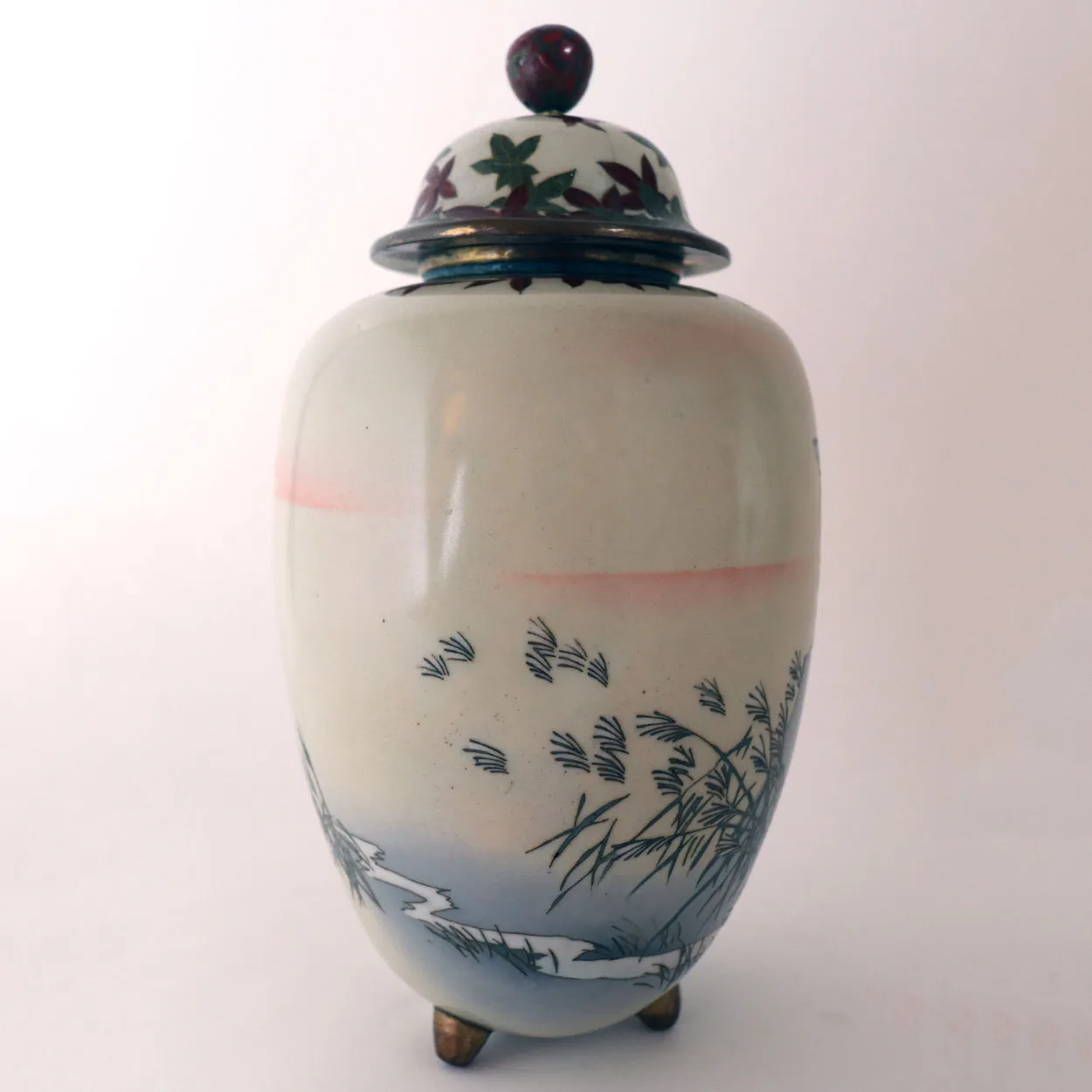 Vintage Japanese Cloisonne Enamel Deer Lidded Urn / Ginger Jar