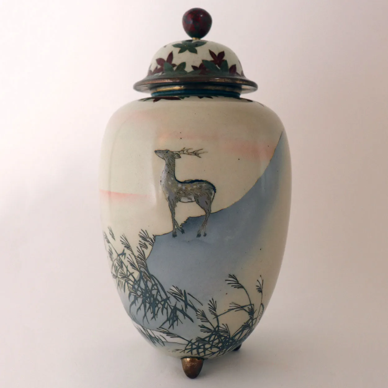 Vintage Japanese Cloisonne Enamel Deer Lidded Urn / Ginger Jar