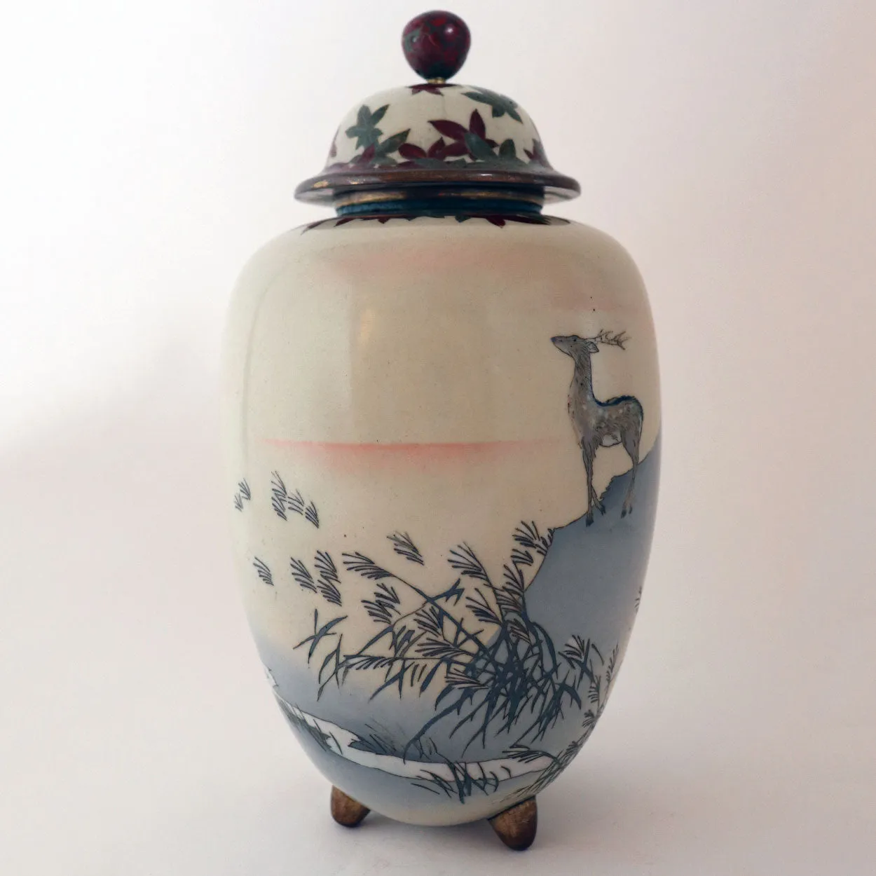 Vintage Japanese Cloisonne Enamel Deer Lidded Urn / Ginger Jar
