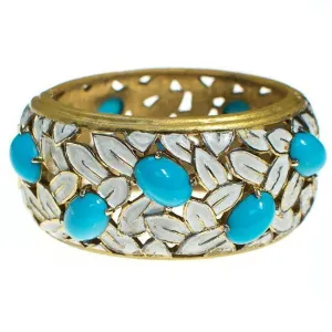 Vintage Jomaz White Flower and Turquoise Cabochon Wide Hinged Bangle Bracelet