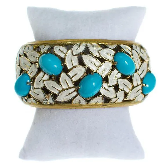 Vintage Jomaz White Flower and Turquoise Cabochon Wide Hinged Bangle Bracelet