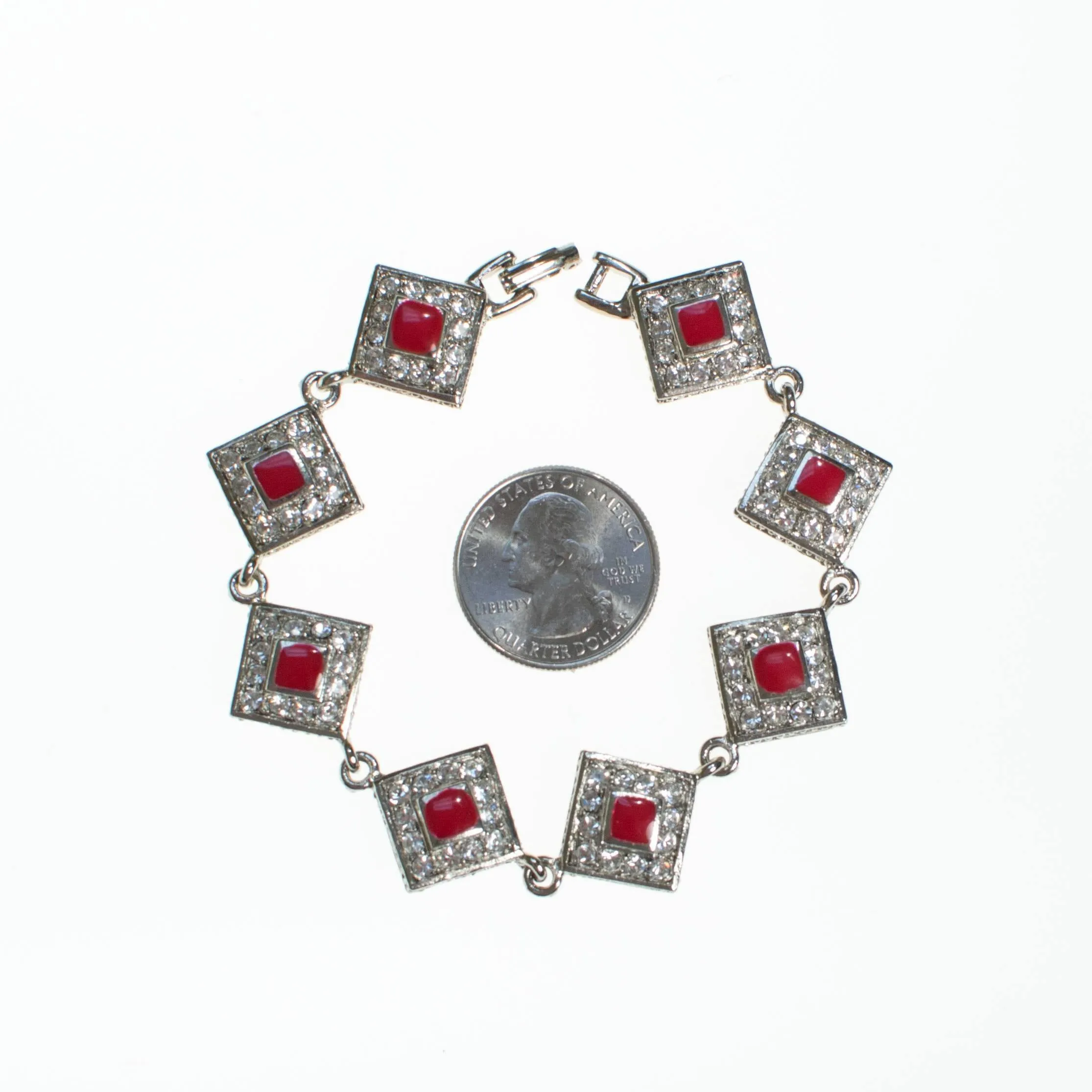 Vintage Kenneth Lane Art Deco Diamante and Red Enamel Bracelet