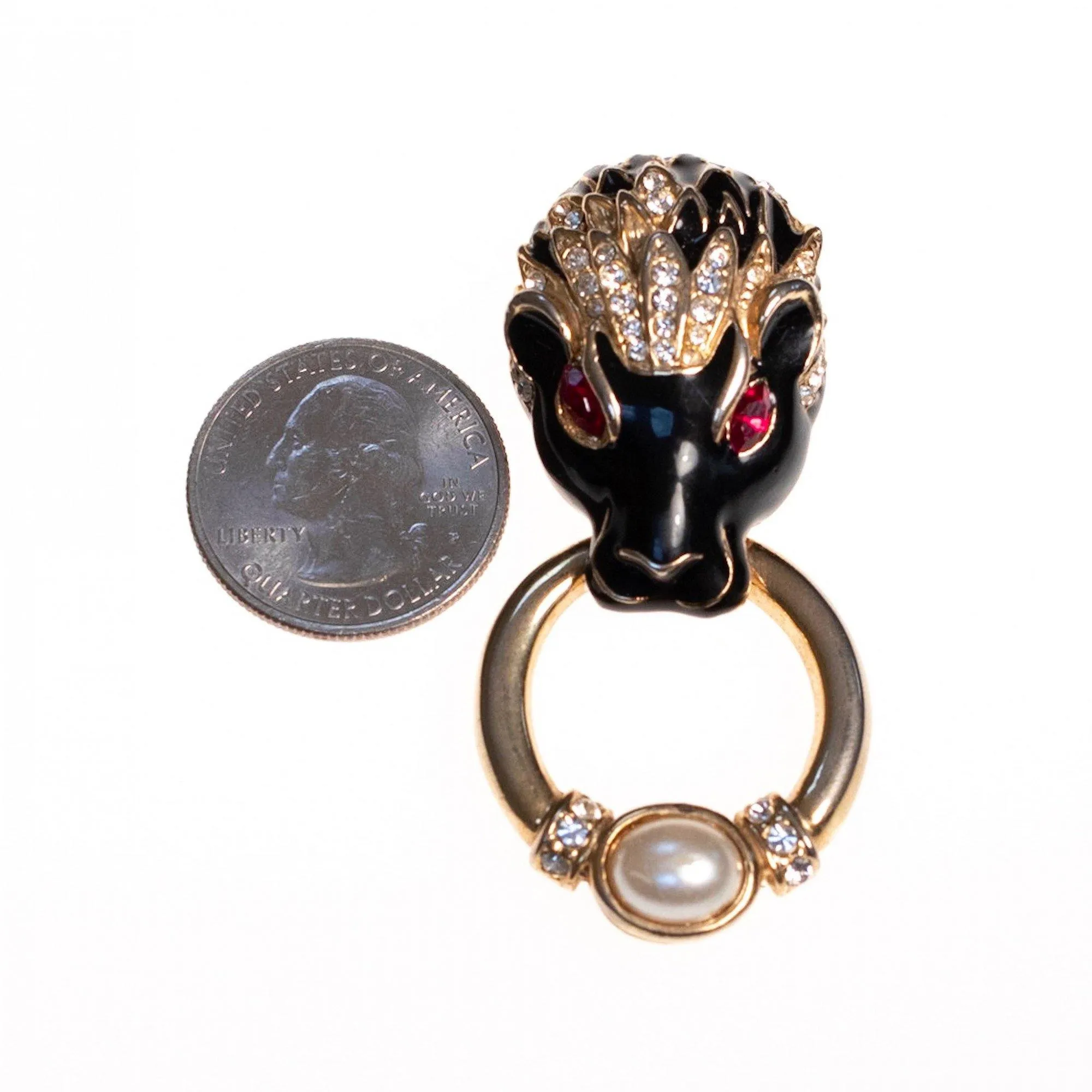 Vintage Lion Doorknocker Brooch Black Enamel with Pave Crystals and Ruby Red Crystal Eyes