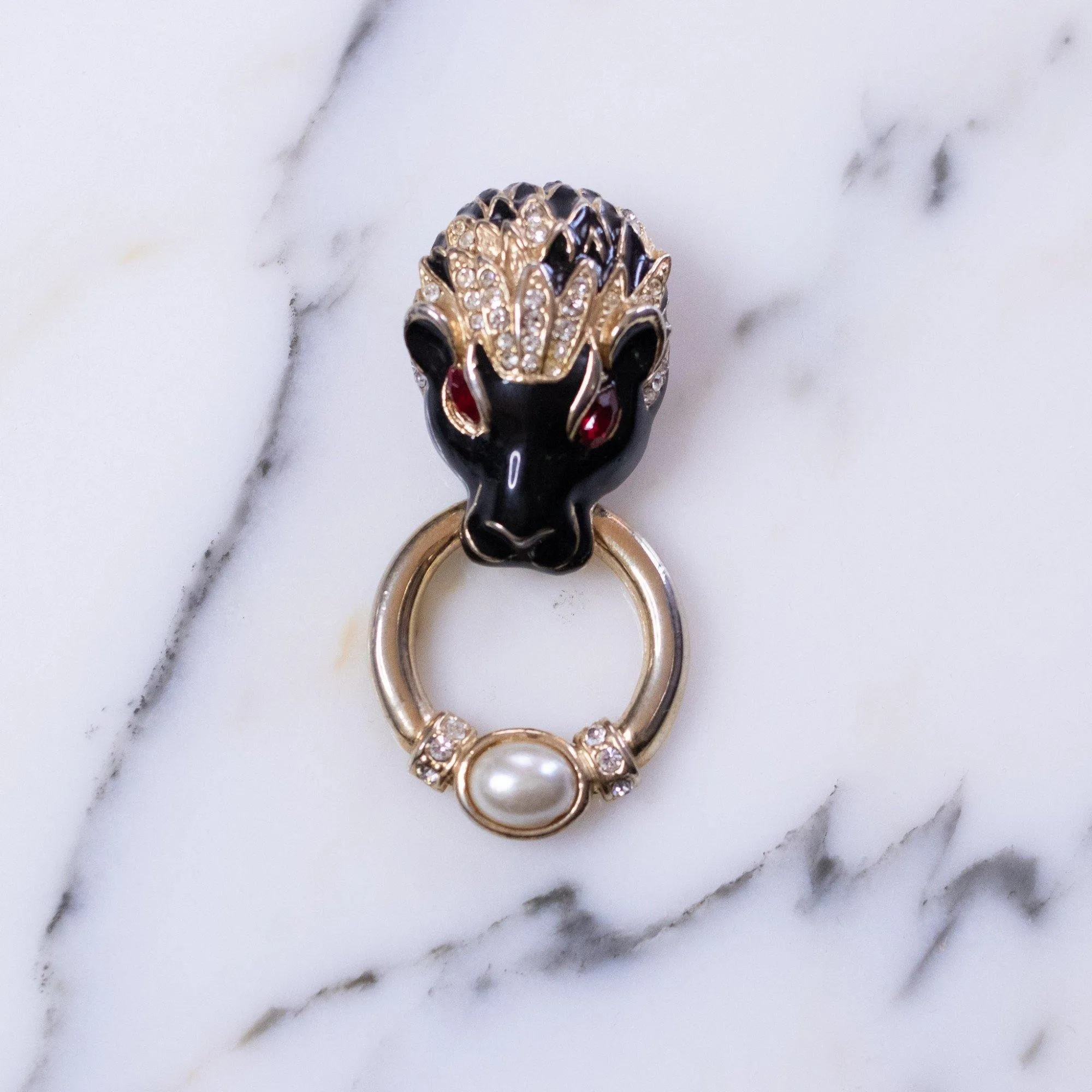 Vintage Lion Doorknocker Brooch Black Enamel with Pave Crystals and Ruby Red Crystal Eyes