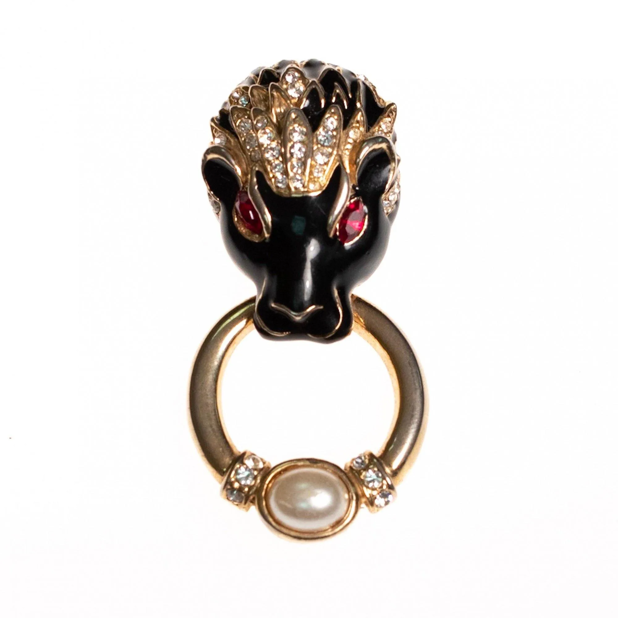 Vintage Lion Doorknocker Brooch Black Enamel with Pave Crystals and Ruby Red Crystal Eyes