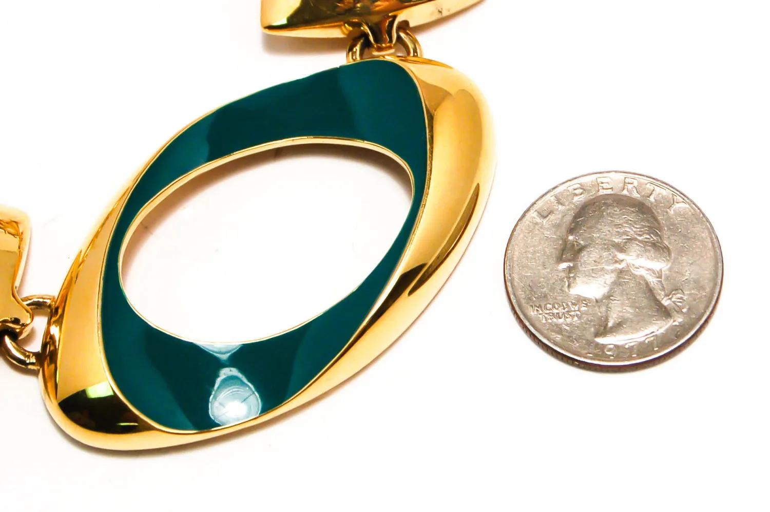 Vintage Monet Gold Chunky Chain Necklace with Green Enamel Accent