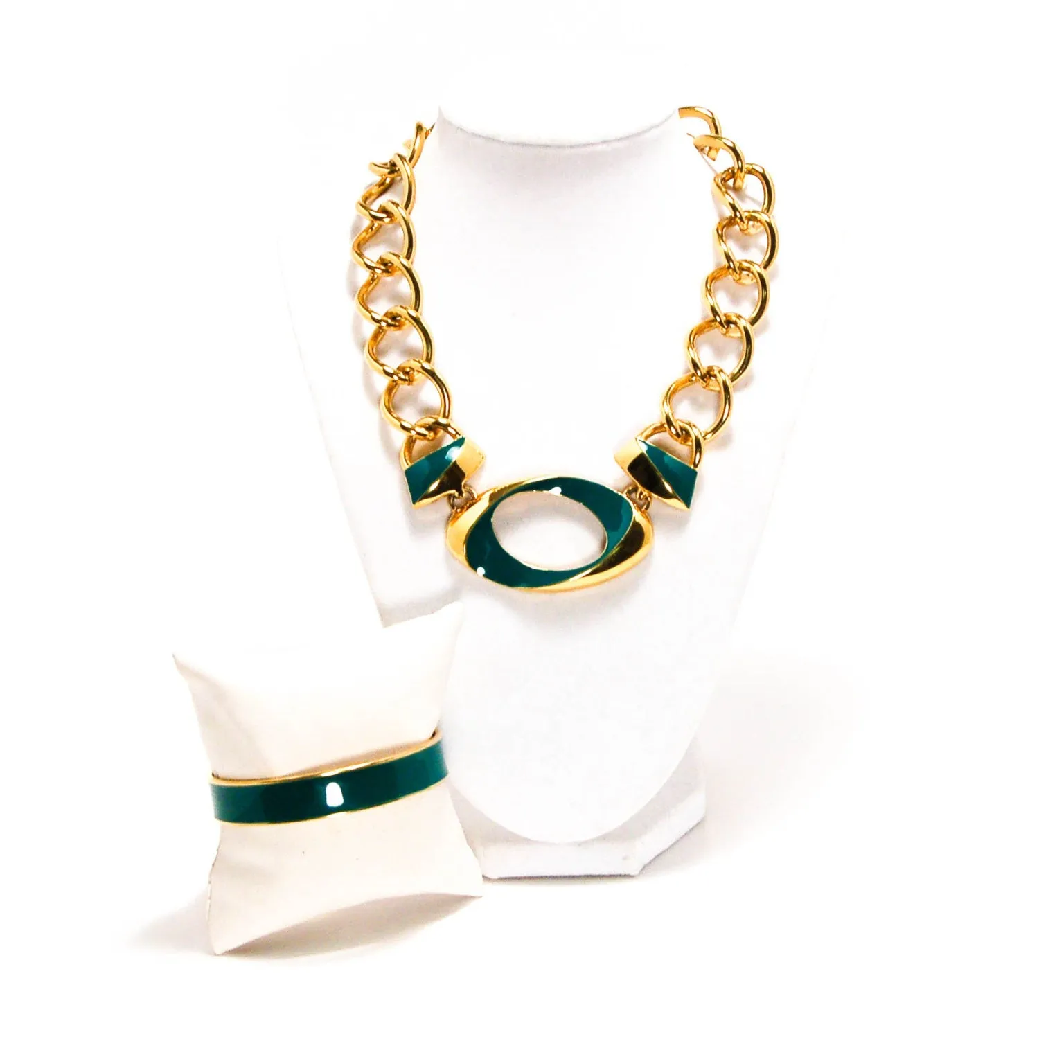 Vintage Monet Gold Chunky Chain Necklace with Green Enamel Accent